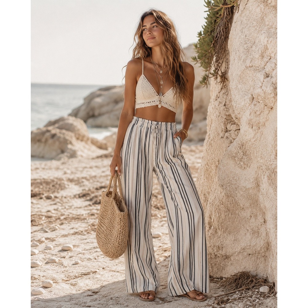 American Eagle Medium Wide Leg Pants Palazzo Flowy Striped Boho Coastal Beachy